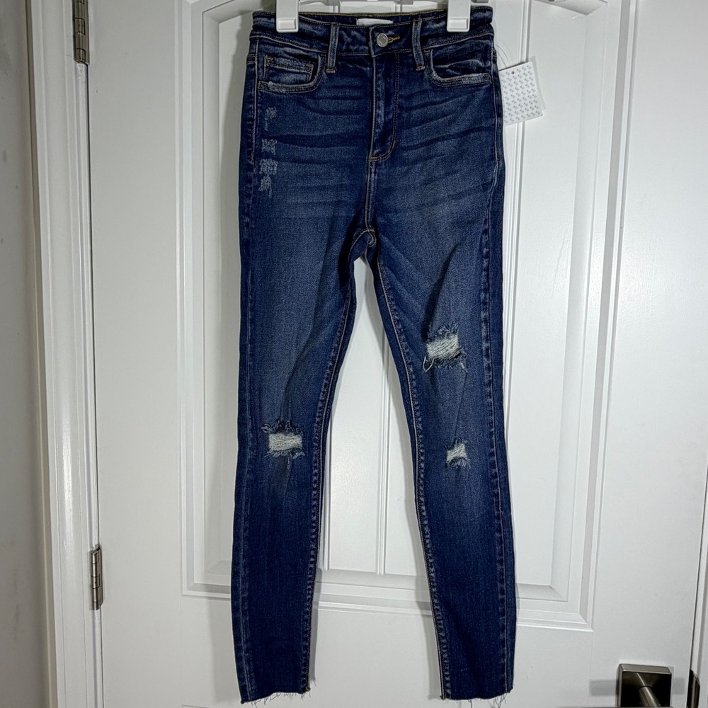 Cello Womens High Rise Distressed Skinny Jeans Dark Wash Raw Hem Size 1